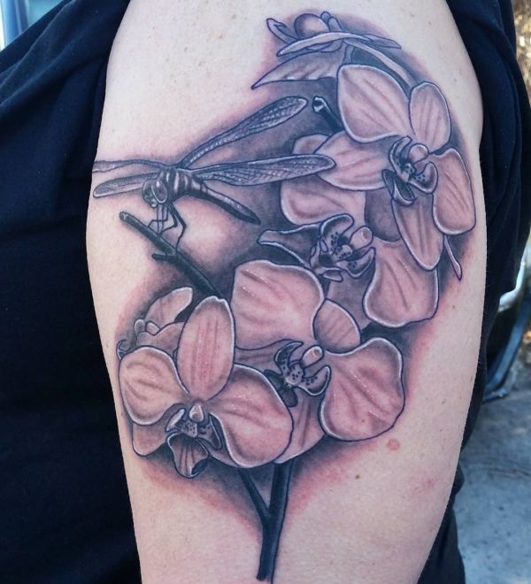 Orquídea com tatuagem de libélula no braço 