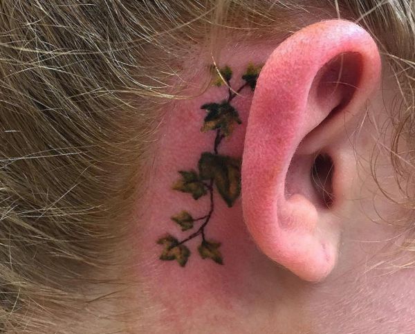 Tatuagem de hera pequena atrás da orelha 
