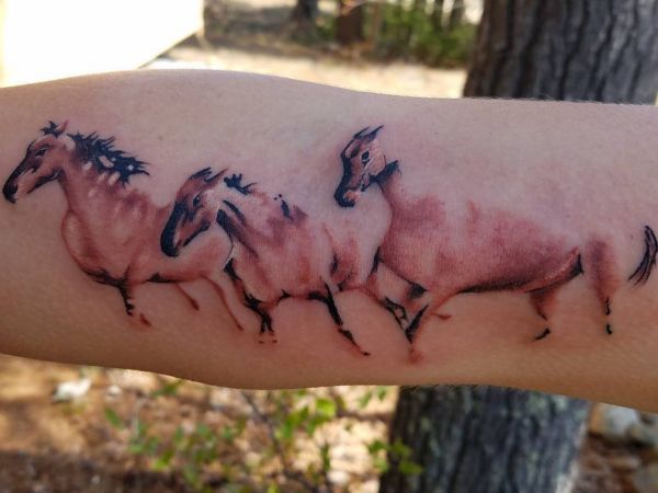 Tatuagem de três cavalos no braço 