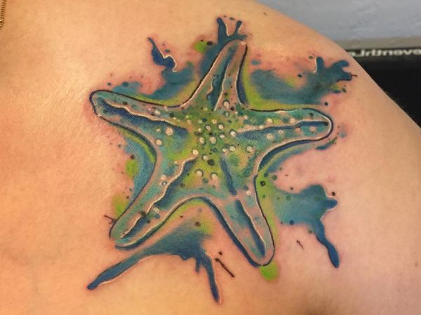 Aquarela estrela do mar na clavícula verde e azul 