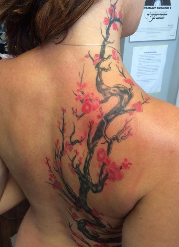 Ramos de flor de cerejeira tatuagem nas costas e pescoço 