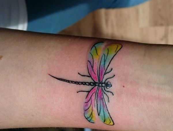 Projeto pequeno colorido da libélula no antebraço 