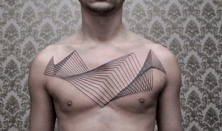 tatuagem de peito linhas minimalistas gráficos monocromáticos 