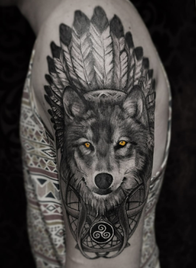 tatuagens de lobo-cor-design-penas 