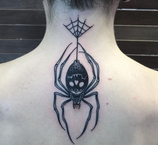 Aranha com tatuagem de malha nas costas