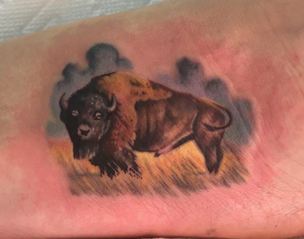 Desenho de tatuagem de bisonte no pé 