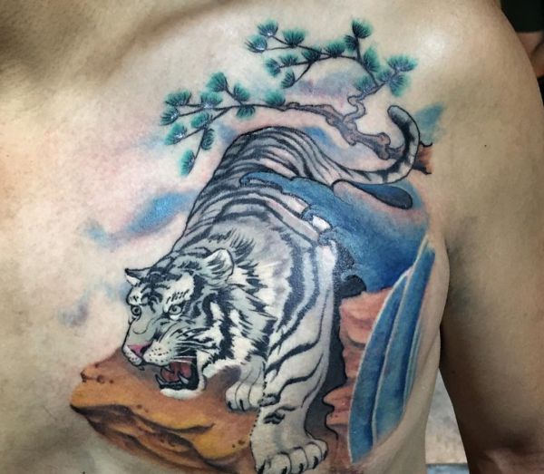 Tatuagem de tigre de Bengala branco no peito dos homens 