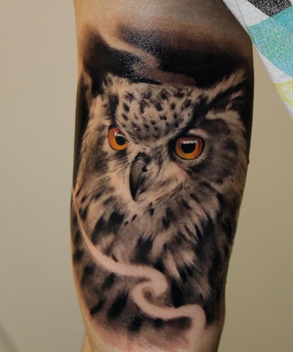 Tatuagem de coruja realista no braço 