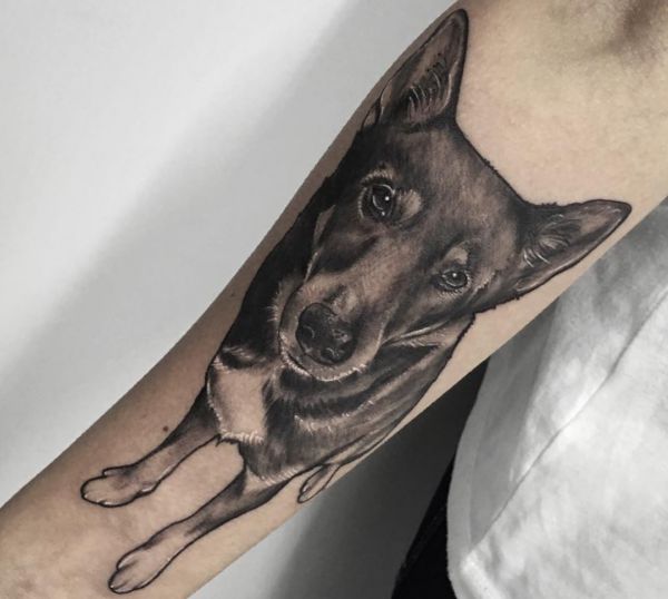 Cães realistas no braço preto e branco 
