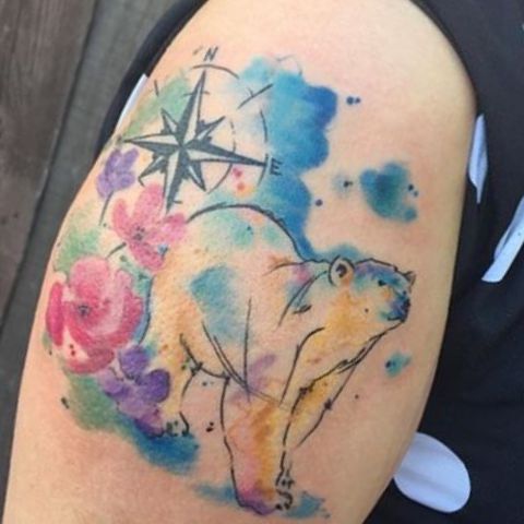 Urso polar com design aquarela bússola no braço 