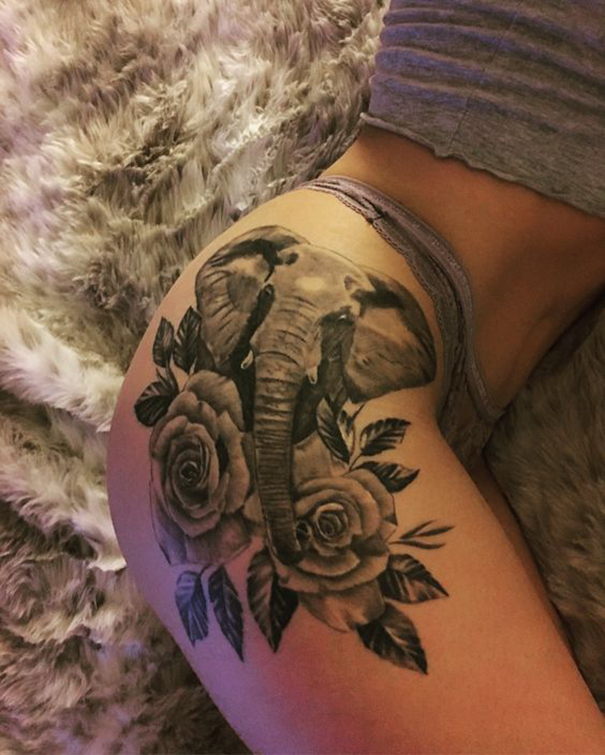tatuagem de elefante blackwork na coxa 