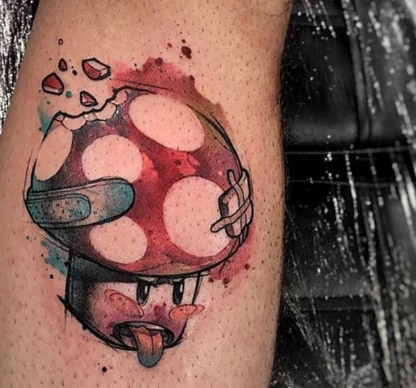 Cogumelo da aguarela o projeto Mario Tattoo na perna 