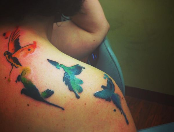 Tatuagem de papagaio na mulher de ombro 