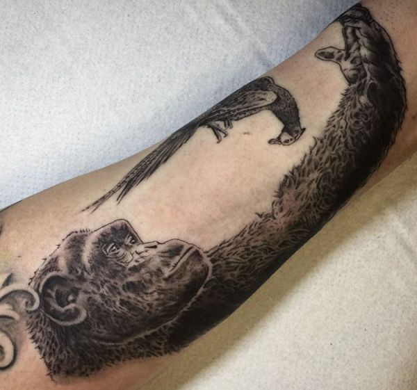 Gorila com desenho de tatuagem de faisão no braço 