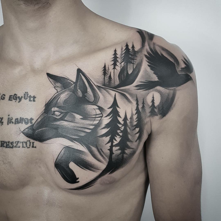 lobo-pássaro-floresta-tatuagem-elaborado-design 