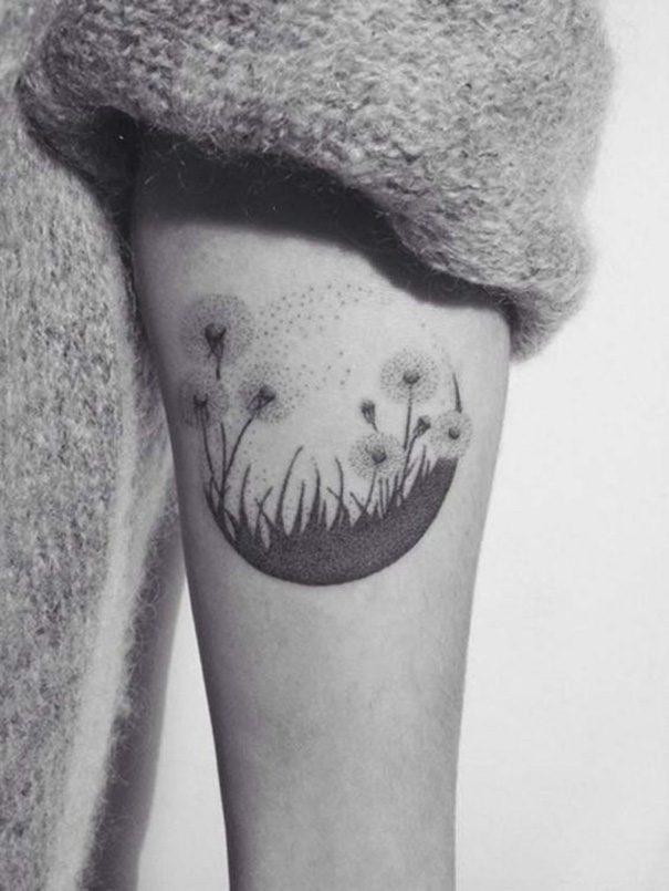 tatuagem de dente de leão no braço 