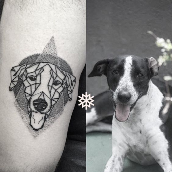 tatuagem de cão dotwork no braço 